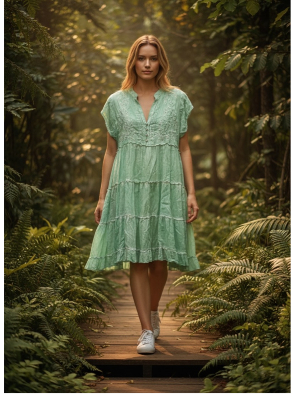 EUC Women's LULALIFE Green & White Embroidered Tiered Mini Dress M